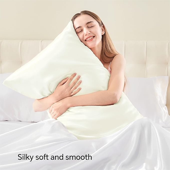 BEDELITE Satin Pillowcase with Zipper, Ivory King Size Pillow Cases Set of 2, Super Soft and Cooling Similar to Silk Pillow Cases, Gift for Women Men(20x40 Inches)