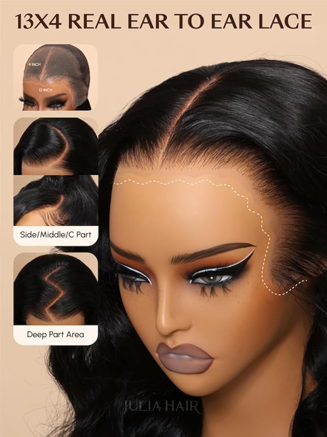 Julia Hair Body Wave Glueless Lace Front Wigs Human Hair 13x4 Pre Cut Lace Frontal Wig Pre Plucked with Bleached Knots Pre Everything Put on and Go 180% Density Ready Wear Wigs Natural Color 18 Inch