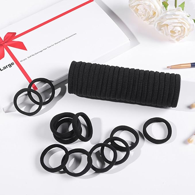 60 Pcs 2 Inch Black No Damage Hair Ties for Women Thick Hair, Large Soft Seamless Nylon Fabric Elastic Hair Ties Ponytail Hair Holders Hair Elastics Hair Band for Women
