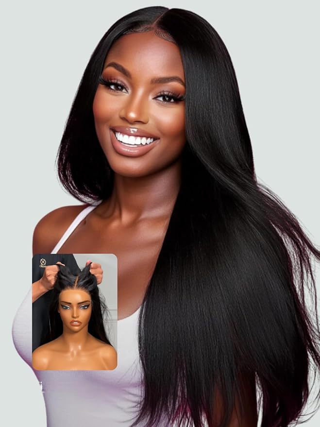 YIROO No Slip 7x5 Bye Bye Knots Yaki Straight Lace Front Glueless Drawstring Wig Human Hair with Deep Stretch Cap Fits All Head Sizes,Pre-Plucked Pre-Cut Wear and Go Wig for Women 150% Density 16Inch