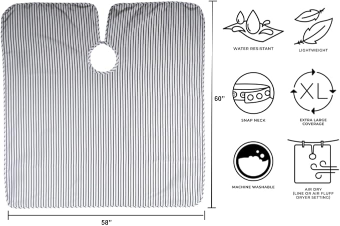Cricket Route 66 Barber Cape - Hair Cutting Cape with Classic Pinstripe Design, Adjustable Snap Neck Closure - Water-Resistant, Lightweight and Comfortable, Extra Large Coverage - 58” x 60”