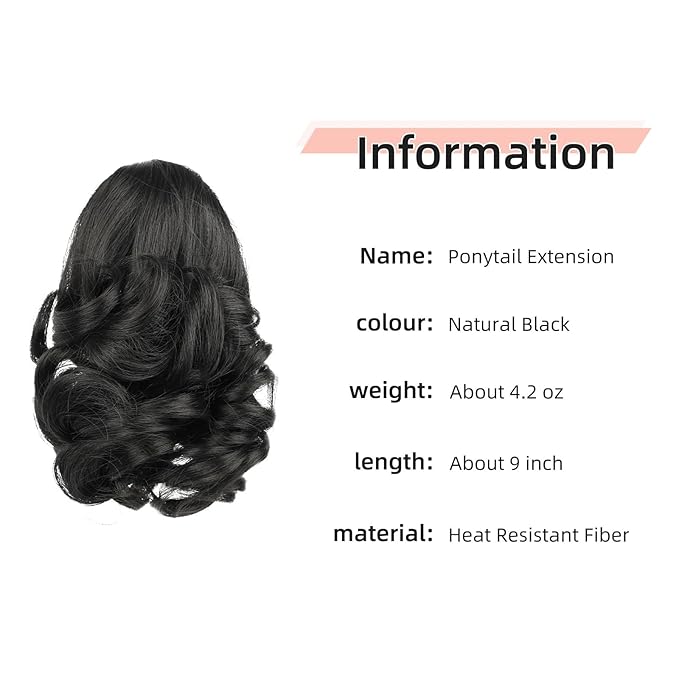 Ponytail Extension, Clip on Ponytails for Women, 9" Claw Clip in Short Curly Wavy Pony Hair Extension for Women - Natural Black