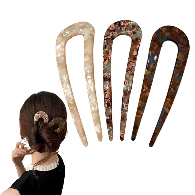 French Hair Pins for Women,U-Shaped Hair Pins,4Pc Twist Hair Stick,Suitable French Pins for Thick Hair(White,Brown,Dark Brown)