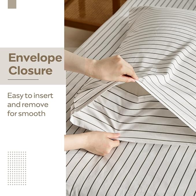 JELLYMONI 100% Natural Cotton Striped Standard Pillowcases Set, 2 Pack White with Thin Gray Vertical Stripes Pattern Printed Pillow Covers with Envelope Closure (Pillows are not Included)