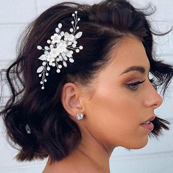 Latious Flower Wedding Hair Clip Silver Pearl Bridal Hair Barrettes Rhinestones Hair Piece for Women and Brides