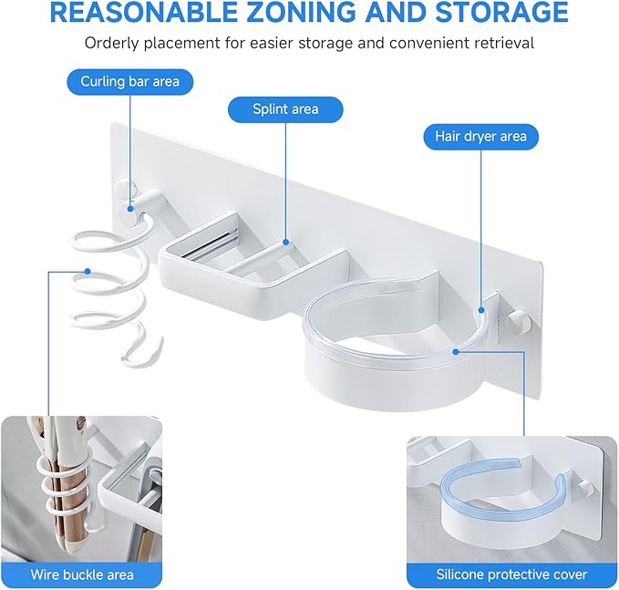 Hair Dryer Holder Wall Mounted,Blow Dryer, Curling Iron, Straightener Holder 3 in 1 Bathroom Metal Hair Tool Organizer Rack-Matte White-1