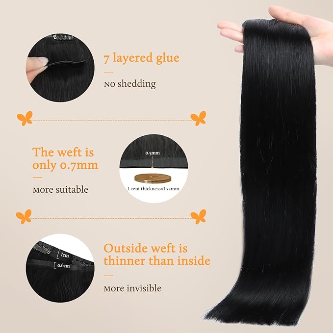 DOORES Clip in Hair Extensions Real Human Hair Invisible Edge, Jet Black 130g 7pcs 16 Inch Clip in Virgin Hair Extensions, Natural Straight Weft for Women