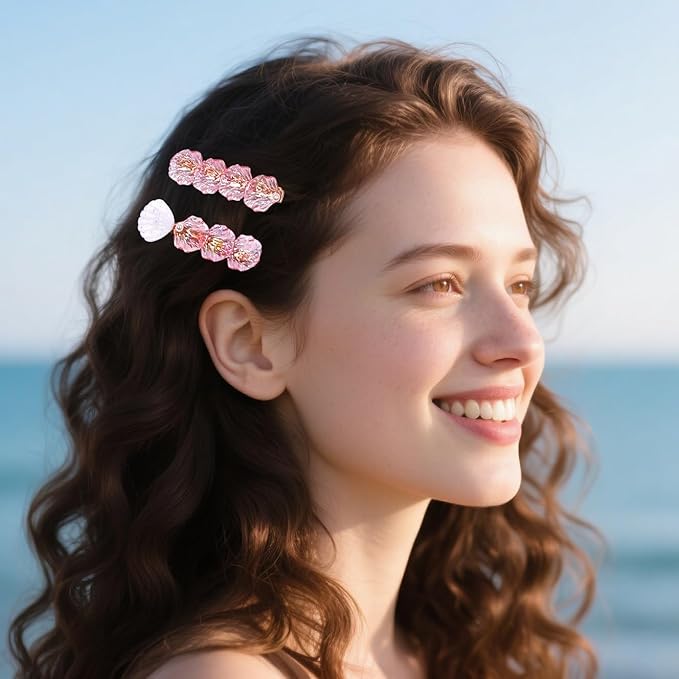 7PCS Iridescent Ocean Hair Clip Set - Mermaid Tail, Starfish, Seashell Designs with Pearl Accents, Beachy Hair Accessories for Vacations, Pool Parties & Summer Styling