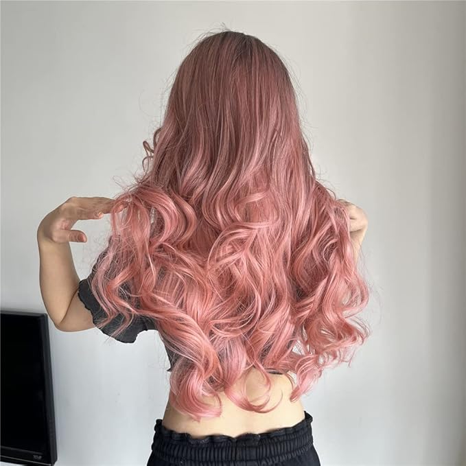 EMMOR Long Ombre Pink Wig for Women - Natural Curly Hair Synthetic Wigs With Bang Dark Root, Party Cosplay Daily Use (2pcs Free Wig Cap)