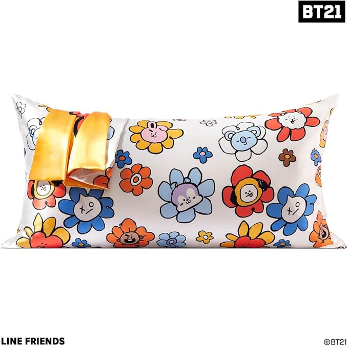 Kitsch x BT21 Satin Pillowcase with Zipper – Better Than Silk Pillowcase, Chimmy Character & Funky Floral Print – Soft Cooling Toddler Bed Time Pillow Case for Hair & Skin – King Size 19x36