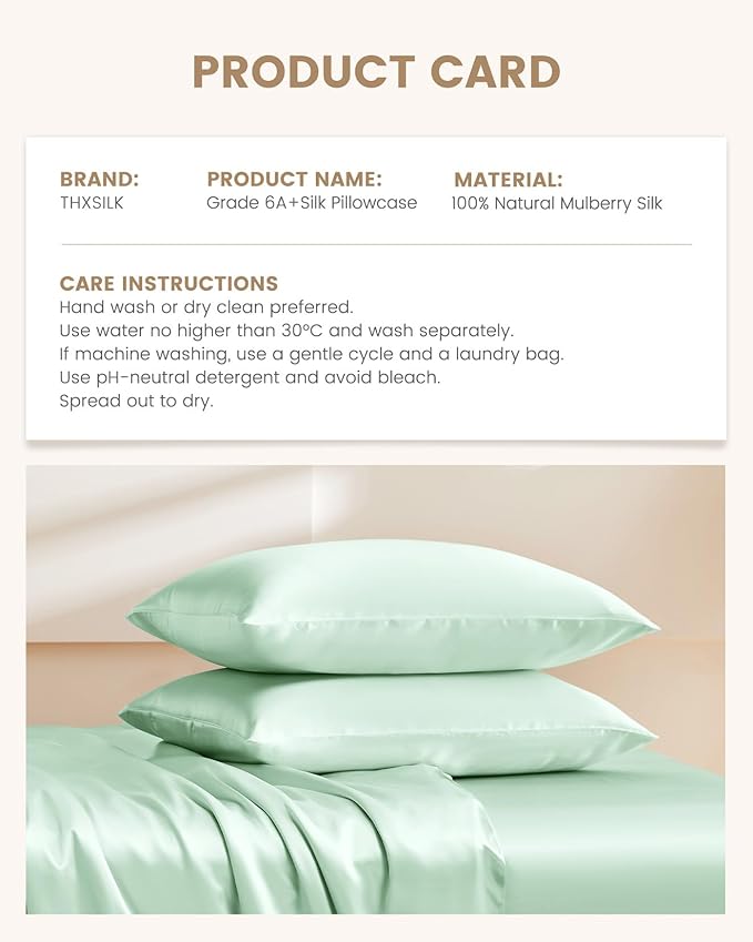 THXSILK Set of 2 Silk Pillowcase for Hair and Skin, 100% Mulberry Silk Bed Pillowcase Ultra-Soft, Hypoallergenic Soft Breathable Silk Pillow Case with Hidden Zipper, King Size 20"x36", Turquoise Green
