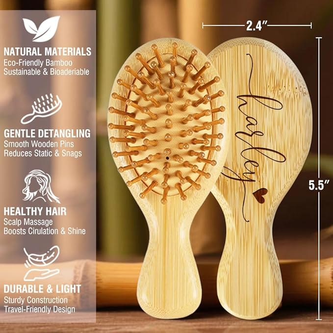 Portable Wooden Hair Brush with Custom Name Engraving, 2 Piece Mini Brushes Gifts for Girls, Daughter, 20 Personalized Design Options, Mirror Option Available