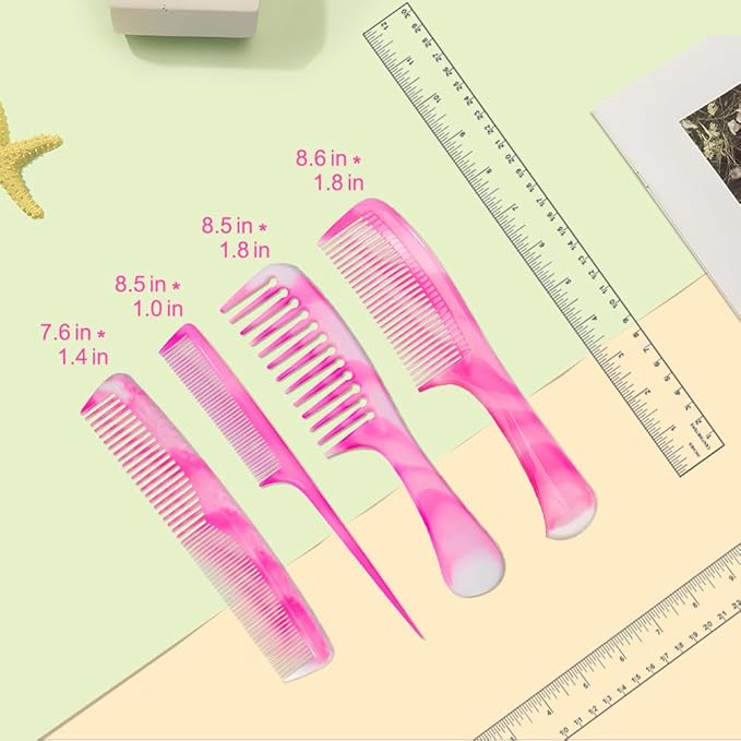 Pink Hair Comb Set - Wide Tooth, Fine Tooth, Rat Tail, and Dual Comb for Women and Men
