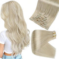 Full Shine Seamless Clip in Hair Extensions Human Hair Blonde 24 Inch Clip in Human Hair Extensions Remy Hair Platinum Blonde Hair with PU Weft 8 PCS 120 G