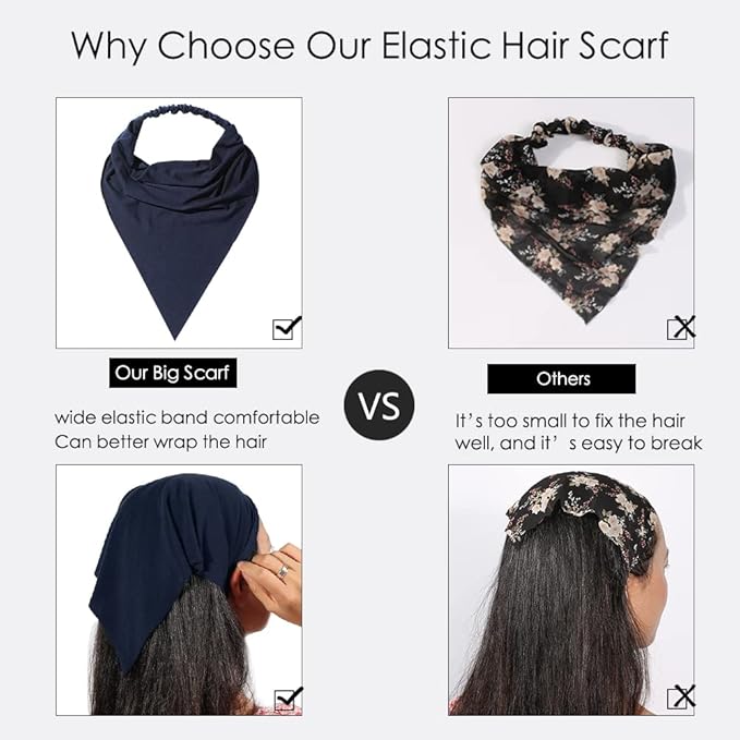 6 Pack Hair Scarf Headband for Women Elastic Bandana Head Scarf Large Boho Triangle Kerchief with Clips Non Slip Scarves