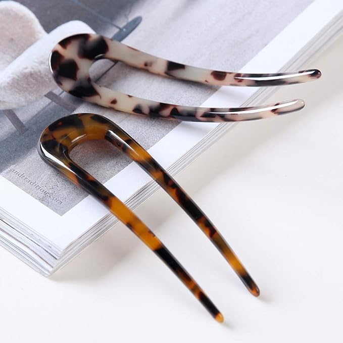 Fsmiling French Hair Pins Tortoise Shell U Shaped 2 Prong Hair Sticks Acetate Chignon Pin for Women Hairstyle Accessories 2 Pack