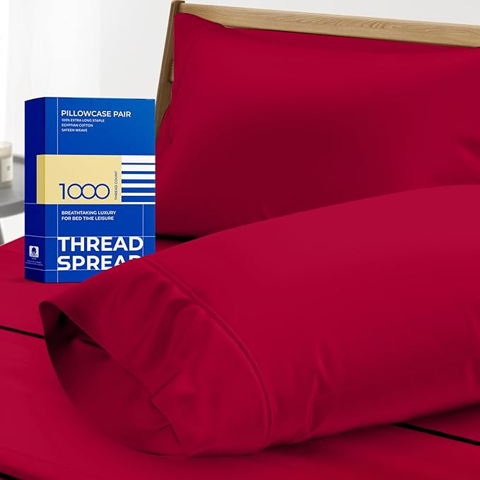 THREAD SPREAD 100% Egyptian Cotton Pillow Cases - 1000 Thread Count Pillow Cases Queen/Standard Size Set of 2, Soft, Breathable Extra Long Staple Sateen Weave Cotton Pillow Covers for Bed - Red