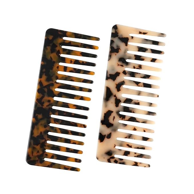 Large Hair Wide Tooth Combs, 2 Pack Cellulose Acetate Detangling Combs for Women Thick Curly Wavy Wet Dry Hair (Tortoise Shell, Ivory)