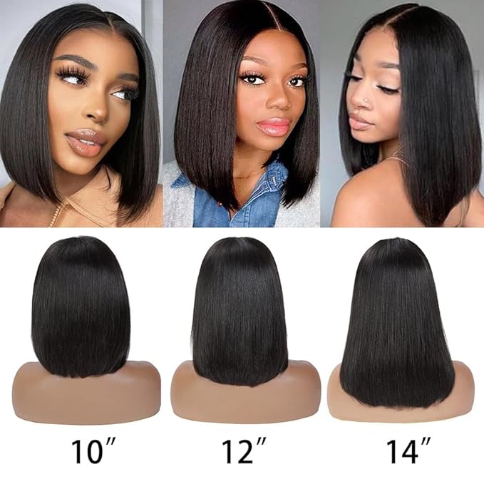 Wear and Go Glueless Bob Wigs Human Hair Pre Plucked Natural Hairline Straight Short Bob Wig 180 Density 4x4 HD Lace Closure Wig Human Hair for Women Brazilian Virgin Hair Natural Black 12 Inch