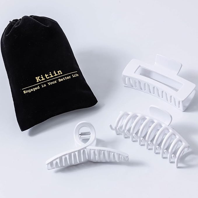 Solid White Large Hair Claw Clips for Thick/Fine/Thin Hair,Strong holding teeth interlocking Women Jaw Clips for Hair 3 Count In set(White)