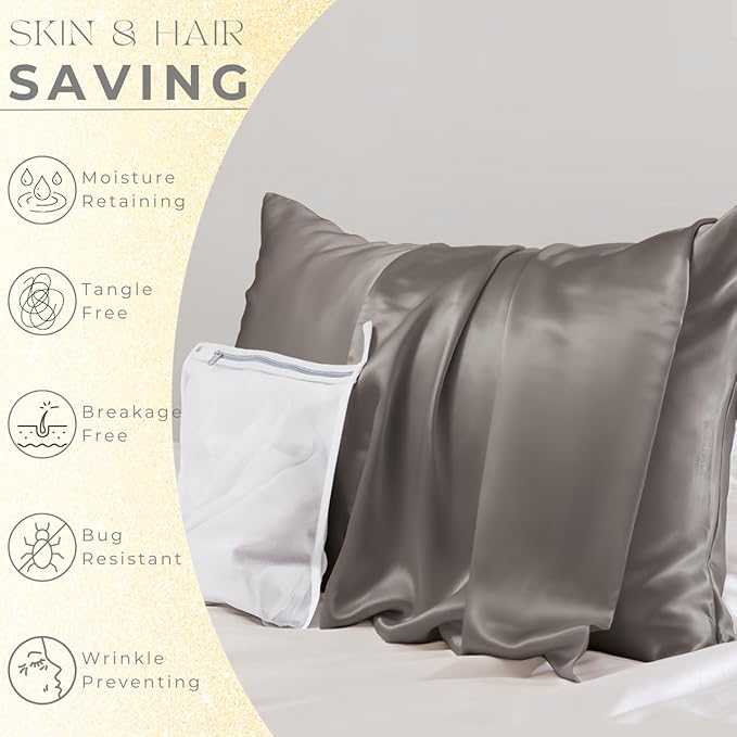 PROMEED Grey Silk Pillowcase King Size - Both Sides 23 Momme Grade 6A+Mulberry Silk Pillow Case Covers for Hair and Skin, Soft and Acne Free (King 20"x36", Grey)