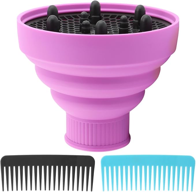 Universal Foldable Hair Dryer Diffuser, Travel Hair Dryer Diffuser Attachment with Comb, Portable Hairs Diffusers Blow Dryers Attachment for Natural Thick Hairs(Color:Purple)