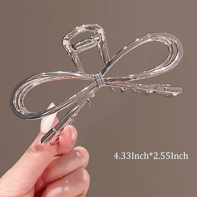 Metal Hair Claw Clips, Silvery Bowknot Alloy Non-Slip Strong Grip Hair Jaw Clips for Thick or Thin Hair (Silver Bow)