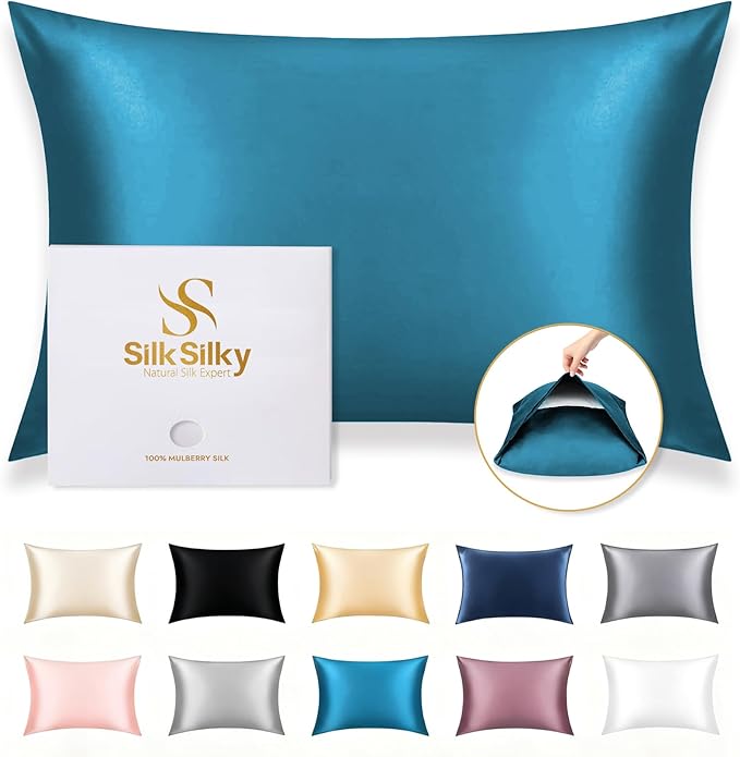 SilkSilky 100% Mulberry Silk Pillowcase - Pure 22 Momme High-Grade 6A Fibers for Hair & Skin, Envelope Closure, Natural, Organic, Breathable & Cooling Pillow Case (King, Teal)