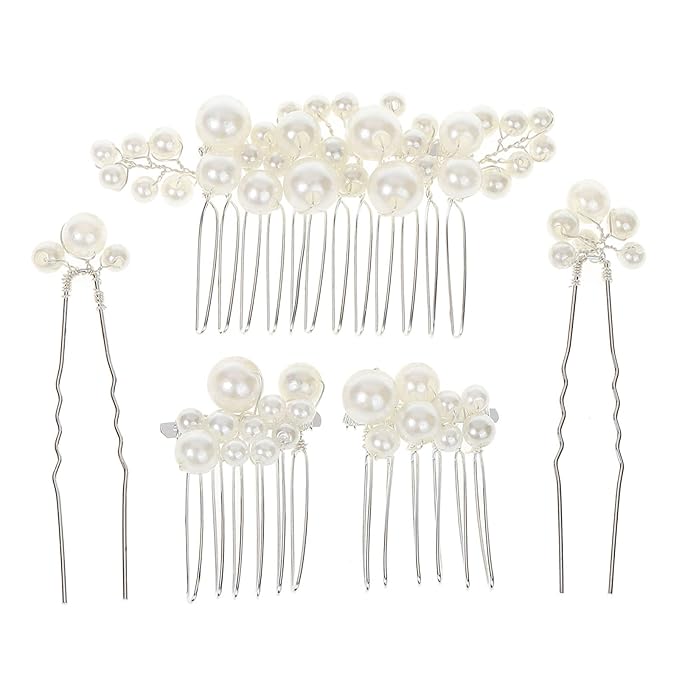 Pearl Hair Combs and Hair Pins for Bridal Women, Decorative Hair Accessories for Wedding Prom, Set of 5 (Silver)