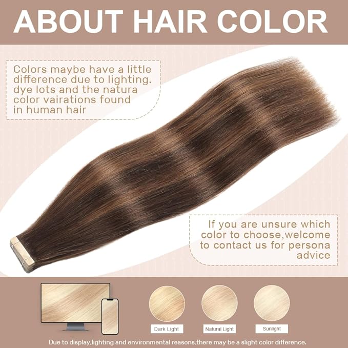 Tape in Hair Extensions Human Hair Dark Brown to Mixed Chestnut Brown 22 Inch 20Pcs Tape Ins for Women Straight Invisible Seamless Remy