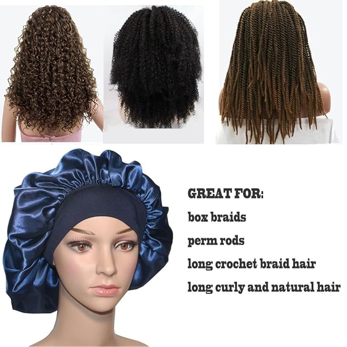 VEYRNEIC Hair Satin Bonnet for Sleeping Shower Caps Silk Chemo Caps with Wide Elastic Band Night Sleep Cap Bonnets for Black Women Braids with Satin Storage Bag(Navy Blue)