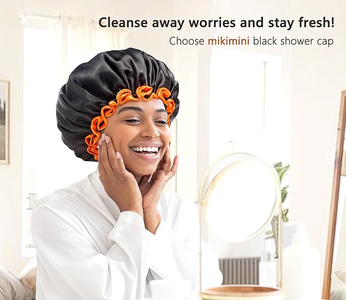 mikimini Small Black Shower Caps Pack of 2 for Kid, Double Layers Waterproof Bathing Hair Cap with Reusable Soft Comfortable PEVA Lining, Cute, Non-fading & Stretchy Shower Hat Small Pack of 2, Black + Orange