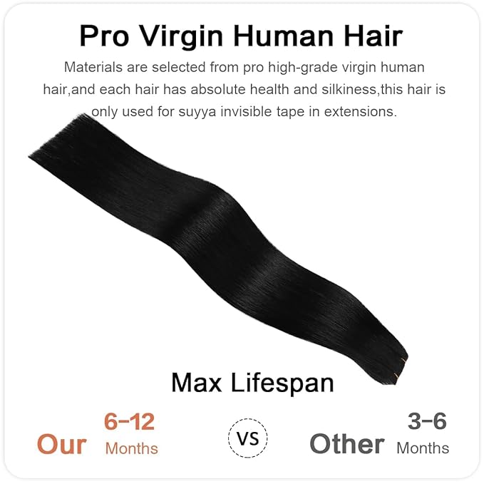 SUYYA Invisible Tape in Hair Extensions Human Hair Jet Black Seamless Injected Hand-Tied Pro Quality Virgin Human Hair 20PCS 50G/Pack Straight Tape Ins(22 inch #1 Jet Black)