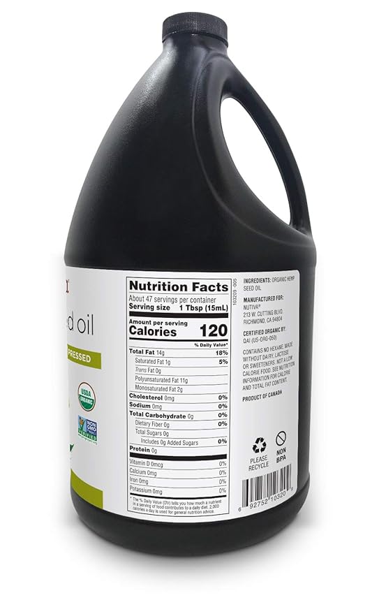 Nutiva Organic, Cold-Pressed, Unrefined Hemp Seed Oil from non-GMO, Sustainably Farmed Canadian Hemp, 1 Gallon 128 Fl Oz