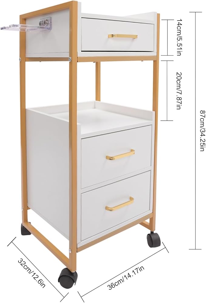 Beauty Salon Tool Organizer, Salon Trolley with Lockable Wheels Barber Cart, Make-Up Organizer Beauty Equipment Storage Trolley with Hair Dryer Rack for Spa, Barber Store, Beauty Salon (Gold, White)