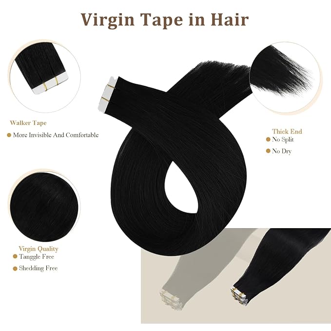 Full Shine Virgin Tape in Hair Extensions Color 1 Jet Black Tapes Extensions 14 Inch Remy Hair Extensions Tape in 25 Gram Double Sided Tapes Hair Extension 10 Pcs Long Lasting for Women