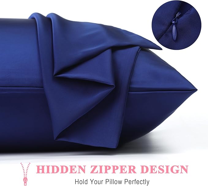 100% Pure Silk Pillowcase 2 Pack for Hair and Skin, Both Sides 23 Momme Grade 6A+ Mulberry Silk Pillowcases with Hidden Zipper, Soft&Smooth Cooling Pillow Cases (Navy Blue, Standard 20x26)