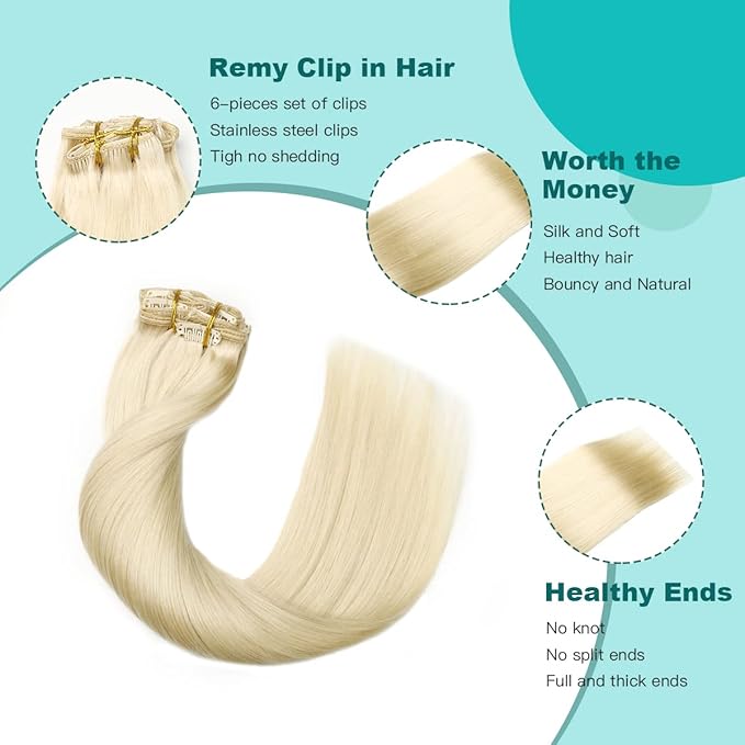 SURNEL Clip in Hair Extensions Platinum Blonde Real Human Hair Extensions Clip ins 14 Inch 6pcs 100g(#60,14'')