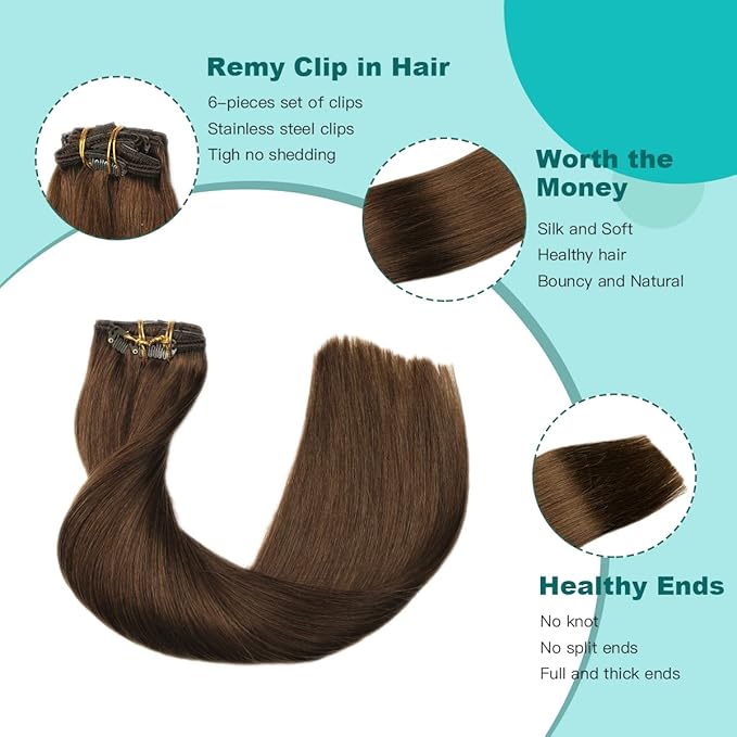 SURNEL Chocolate Brown Clip in Hair Extensions, 14 Inch 100g 6pcs Real Human Hair Clip in Extensions (#4,14'')