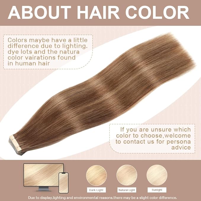 Tape in Hair Extensions Human Hair Chocolate Brown to Caramel Blonde 22 Inch 20Pcs Tape Ins for Women Straight Invisible Seamless Remy