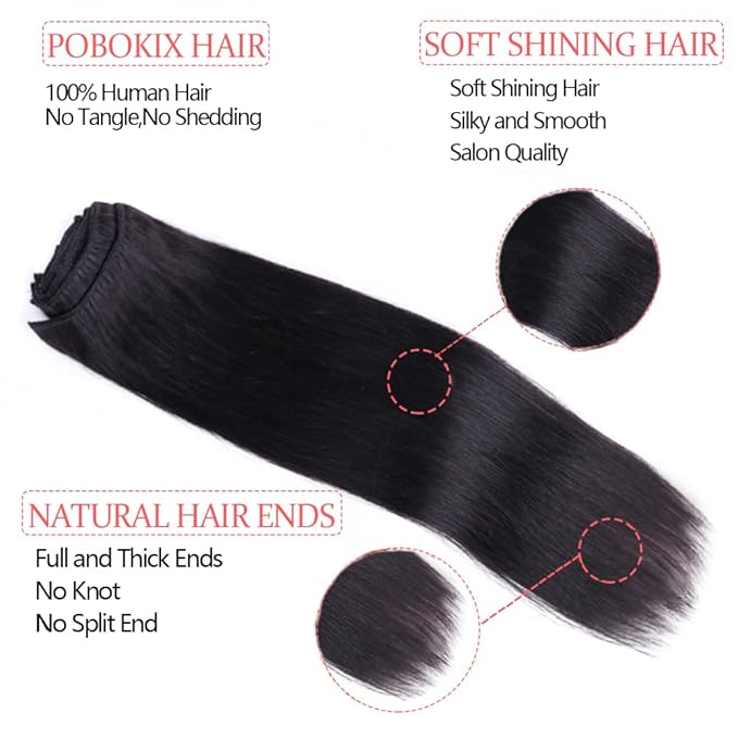 Straight Clip in Hair Extensions Real Human Hair 8Pcs Remy Human hair Clip ins for Women, Natural Soft Silk Straight Human Hair 120g 16inch #1B Natural Black