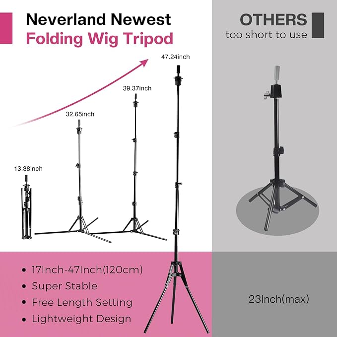 Neverland Beauty & Health 23 Inch Wig Head, Wig Stand Tripod with Head, Wig Head Stand with Mannequin Head for Wigs, Wig Stand with Head, Adjustable Tripod Manikin Head Set for Cosmetology(Rose Red)