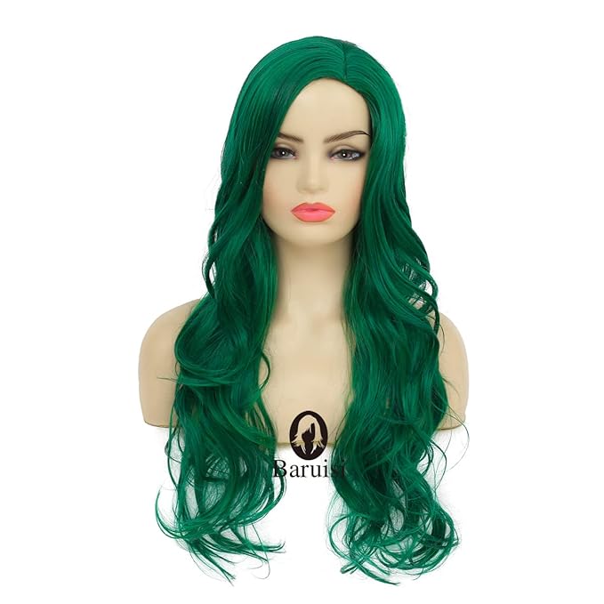 Baruisi Long Curly Wavy Green Wigs for Women Side Part Natural Looking Cosplay Synthetic Fiber Wig Heat Resistant Replacement Wig