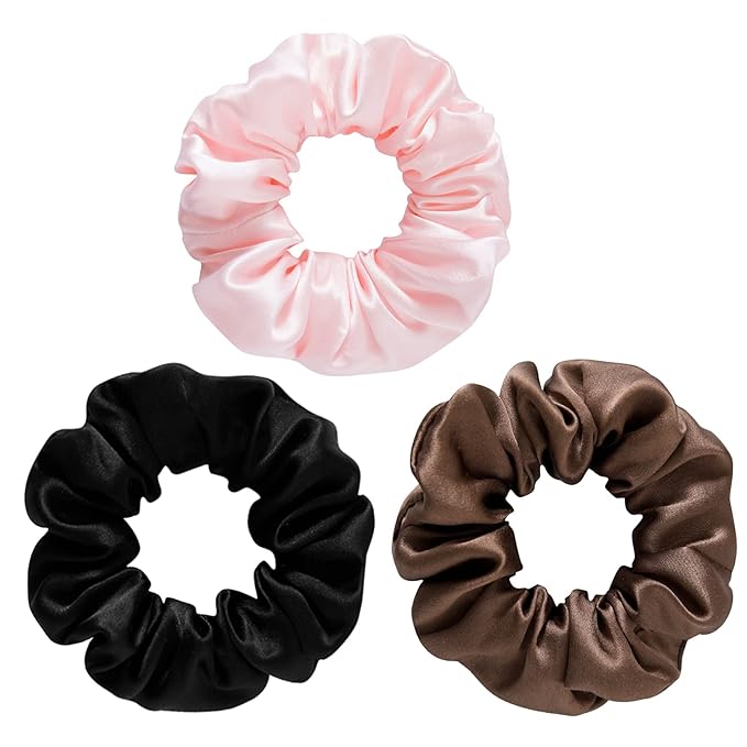 Silk Scrunchies for Women - 100% Mulberry Silk Hair Ties, 3 Pack, No Damage Elastic Ponytail Holders (Brown, Black, Pink)