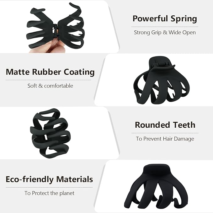 Big Claw Large Hair Claw Clips for Thick and All Hair Types, Matte Octopus Jaw Clips with Strong Hold for Women and Girls, 6 Packs (Black)