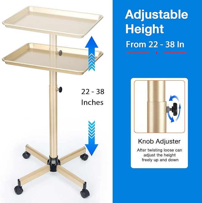 Salon Tray on Wheels, Champagne Gold Salon Service Tray Cart with Adjustable Height,Ideal Use As Salon Tattoo Tray&Medical Tray,No-Rusting
