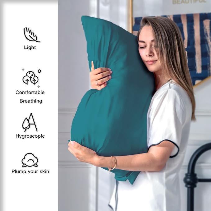 Silk Pillow Cases 2 Pack Soft Breathable and Sliky King Size Pillow Cases Set of 2,Natural Mulberry Satin Silk Pillowcase with Hidden Zipper for Hair and Skin (Teal,20"X 36",2pcs)