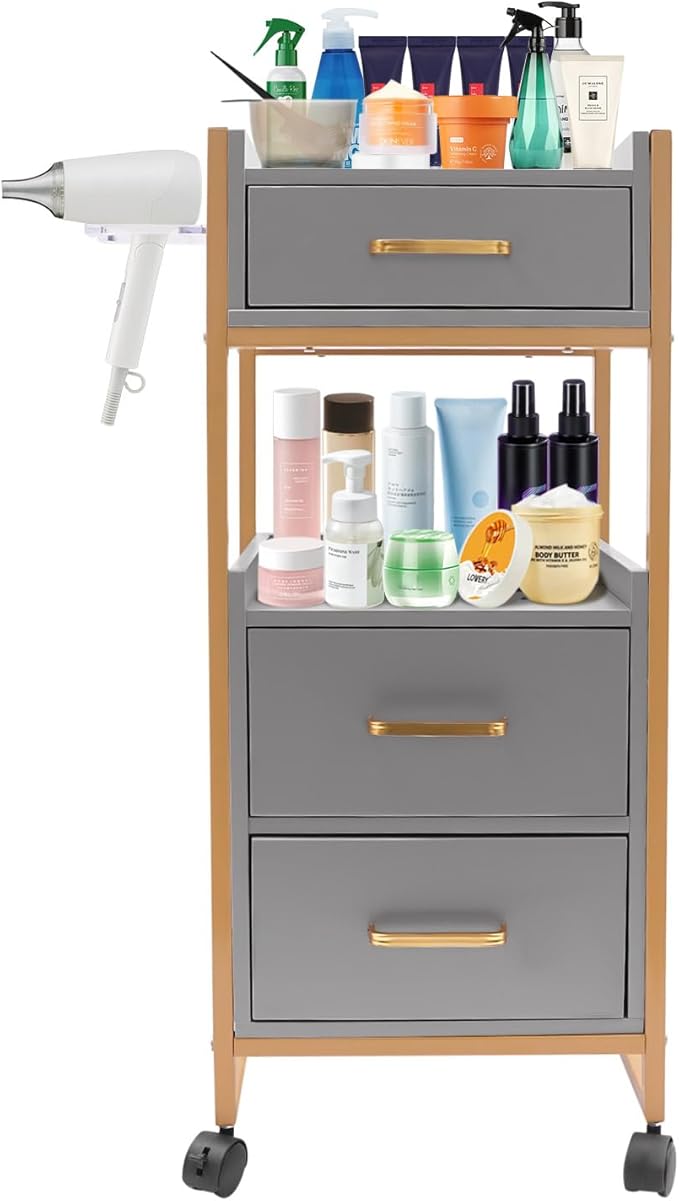 Beauty Salon Tool Organizer, Salon Trolley with Lockable Wheels Barber Cart, Make-Up Organizer Beauty Equipment Storage Trolley with Hair Dryer Rack for Spa, Barber Store, Beauty Salon (Gold, Grey)