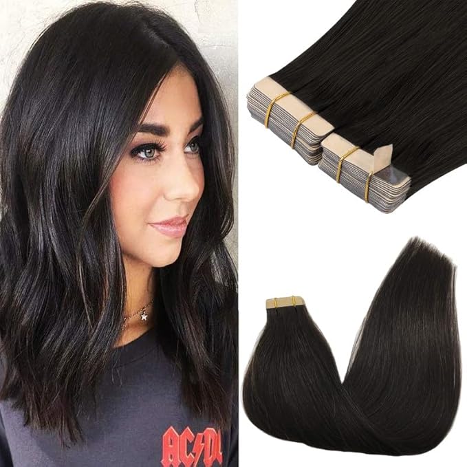 GOO GOO Tape in Hair Extensions Human Hair, 1B Natural black, 18inch 100g 40pcs, Skin Weft Seamless Invisible, Silky Straight with Thick Ends, Remy Human Hair