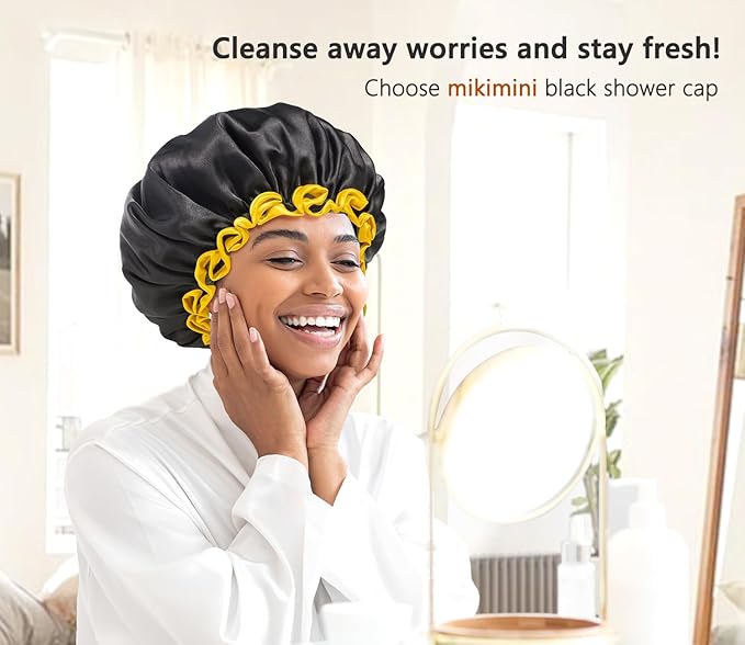 mikimini Extra Large Black Shower Cap for Women and Men Thick Long Hair Braids, Reusable Waterproof Double Layers XL Bathing Hair Caps with Vibrant Yellow Edge (Black)